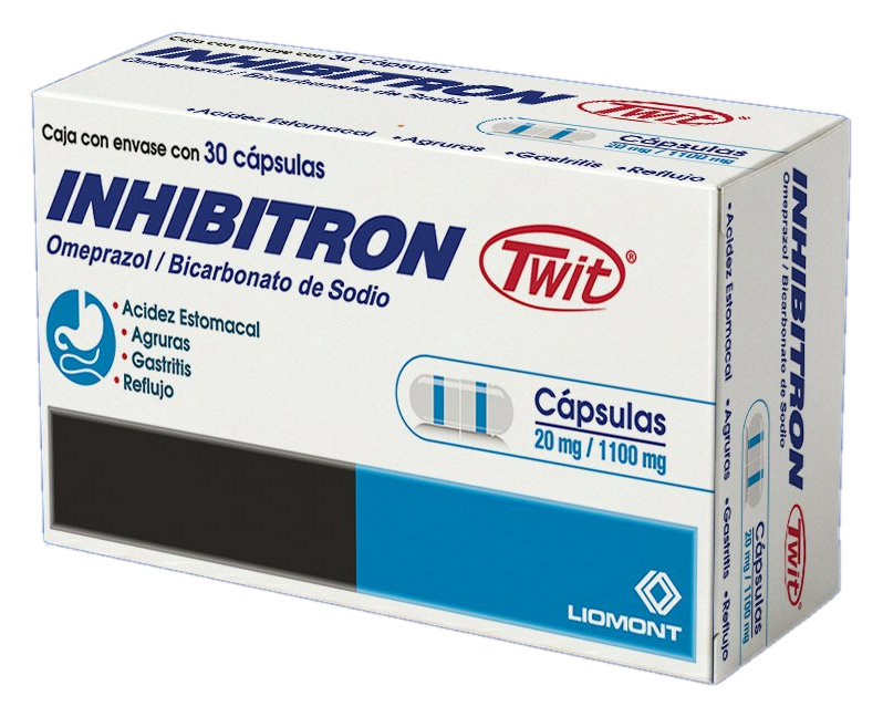 Caja de Inhibitron Twit con 30 cápsulas, Omeprazol y Bicarbonato de Sodio, 20 mg / 1100 mg, rodeada de iconos que representan acidez, gastritis, agruras y reflujo